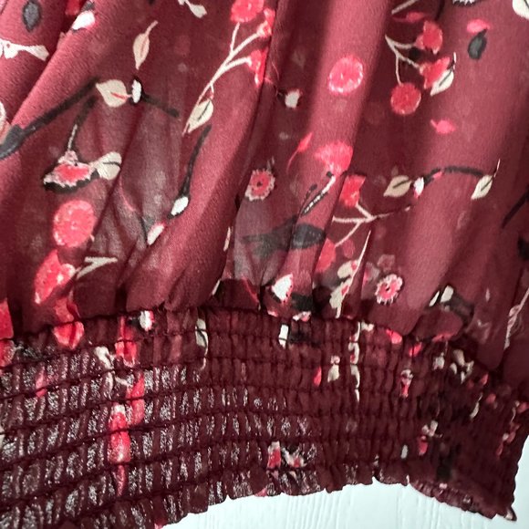 Express Sheer Flowing Dressy Blouse Floral Burgundy Shade - Picture 4 of 6